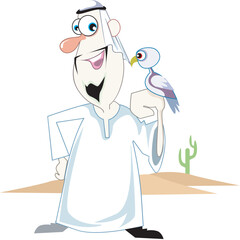 An Arab man standing in a desert with his falcon