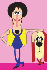 A cartoon man and dog standing near by