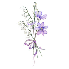 Fototapeta na wymiar Watercolor flower arrangement with white bouquets of delicate lilies of the valley and delicate lilac Scilla. First spring flowers. Primroses, the anemones. liverwort. Design for postcards
