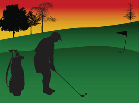 silhouette of a golfer playing golf in a golf course