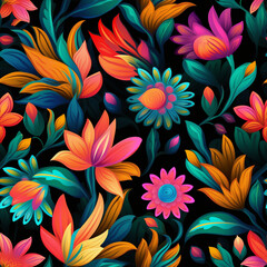 Seamless Floral Background Print of Colorful Flowers on Black Background