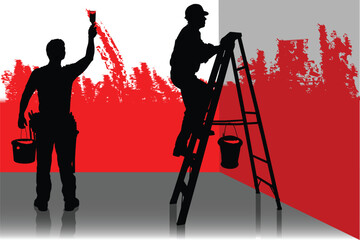 Two painter painting a room in red color, people at work