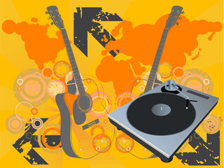 Retro vector with a dj mix turntable and a grunge starburst background with guitar and a world map. Concept: Party and entertainment, world music.