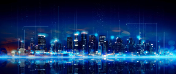 Future Olympic city, technology metropolis blue skyline background wallpaper. Generative Ai Illustration.
