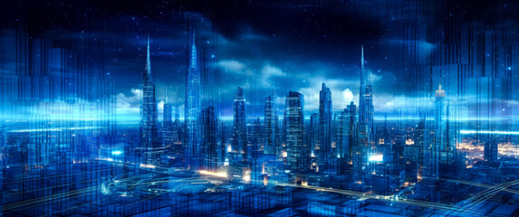Fototapeta premium Future Olympic city, technology metropolis blue skyline background wallpaper. Generative Ai Illustration. 
