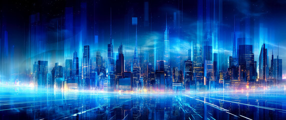 Obraz na płótnie Canvas Future Olympic city, technology metropolis blue skyline background wallpaper. Generative Ai Illustration. 