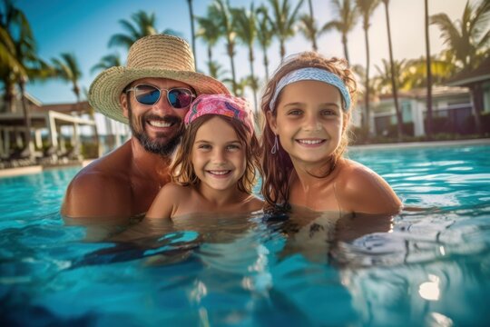 Dad with children at the resort. Travel concept. AI generated, human enhanced