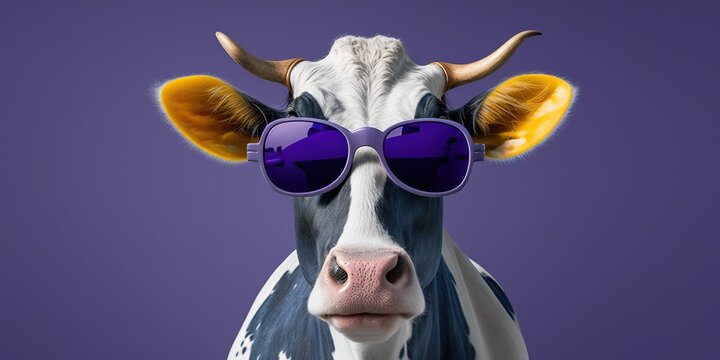 Funny cow with sunglasses in front of violet studio background, created with Generative AI technology