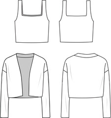 Women's Bra-Cardigan Set. Technical fashion illustration. Front and back, light white colour. Women's CAD mock-up. - obrazy, fototapety, plakaty