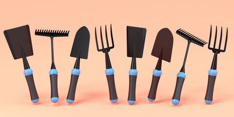 Garden shovel, pitchfork and rake on orange background, summer camping concept