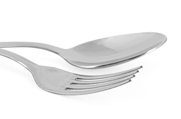 Close up of spoon and fork isolated on white