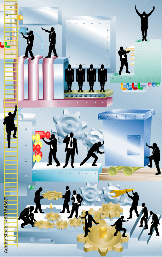 Aufkleber conceptual piece. a business corporation represented as a giant machine with people working in it. n
