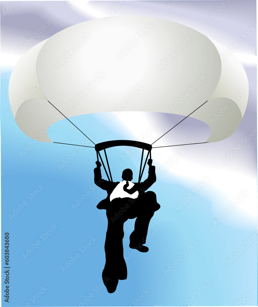Aufkleber conceptual piece. a falling business man saved by a parachute. copyspace on chute to write whatever 
