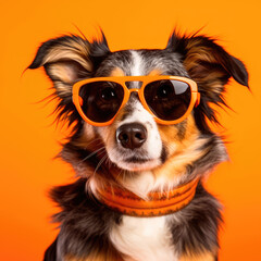 Dog portrait wearing sunglasses on orange background. Generative AI