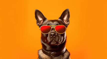 Dog portrait wearing sunglasses on orange background. Generative AI