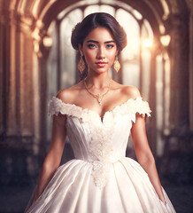 Naklejka premium portrait of beautiful woman in white dress with light, generative AI