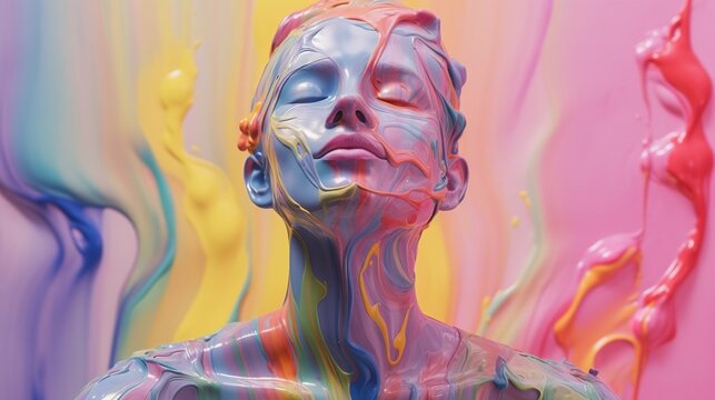 A woman's face is covered in paint and is covered in colors, generative AI