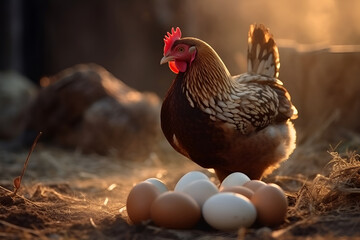 Fototapeta premium chicken next to eggs, countryside, Generative AI