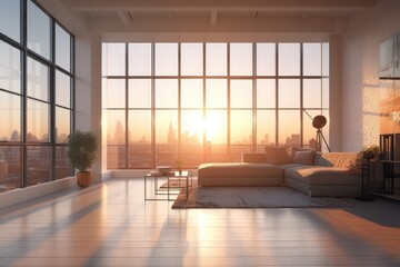 Modern interior with large windows through which the sun shines in