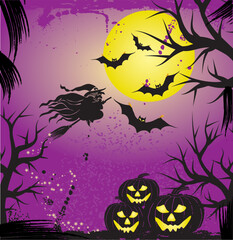 Halloween background with witch, bats and pumpkin, vector illustration