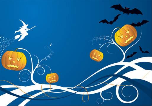 Halloween background with bats, witch & pumpkin, vector illustration