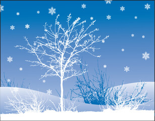 winter landscape / vector background / snowflakes and tree