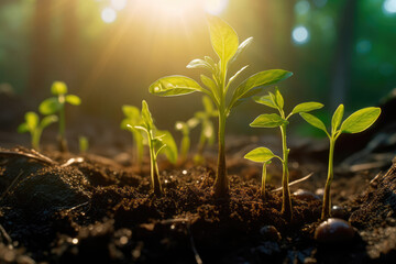 Seedlings growing in the soil under the rays of the sun. A new life is being born. Generative AI