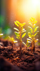 Seedlings growing in the soil under the rays of the sun. A new life is being born. Generative AI