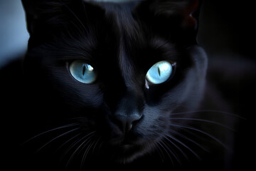 black, pearl, shining cat with clear saphire eyes