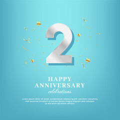 2nd anniversary vector template with a white number and confetti spread on a gradient background