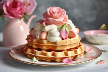 Fototapeta na wymiar Whimsical pastel waffles crowned with a dollop of rose-infused whipped cream. Generative AI