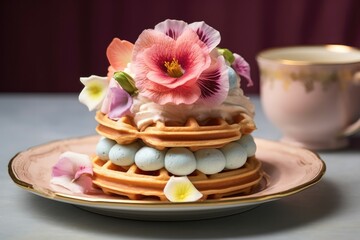 Whimsical pastel waffles crowned with a dollop of rose-infused whipped cream. Generative AI