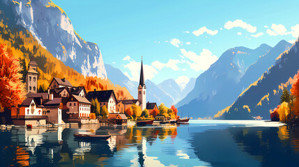 Illustration of beautiful view of Hallstatt, Austria
