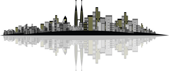 Vector - Brightly lit modern city with reflections.