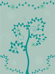 Hand drawn illustration of tree with swirly branches.