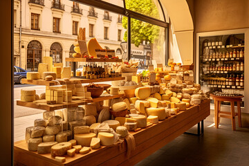 Types of cheeses and a wine cabinet in an Italian store