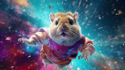 A hamster in a space suit flying through the air. Generative AI.