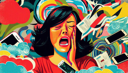 Tech frustration stress burnout and information overload; too much and too many mental health problems of living in the modern world, colorful illustration style (generative AI, AI) - obrazy, fototapety, plakaty
