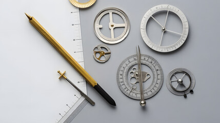 Different rulers and compasses on light grey background, flat lay. Space for text