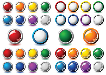 Suit of interface round buttons with different colors and metallic frame over white background
