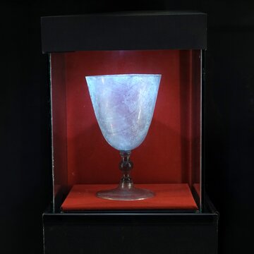 Holy Grail concept: Close-up image of the glass chalice found in Berceto Cathedral that may be the Holy Grail. Berceto, Parma, Emilia Romagna, Italy