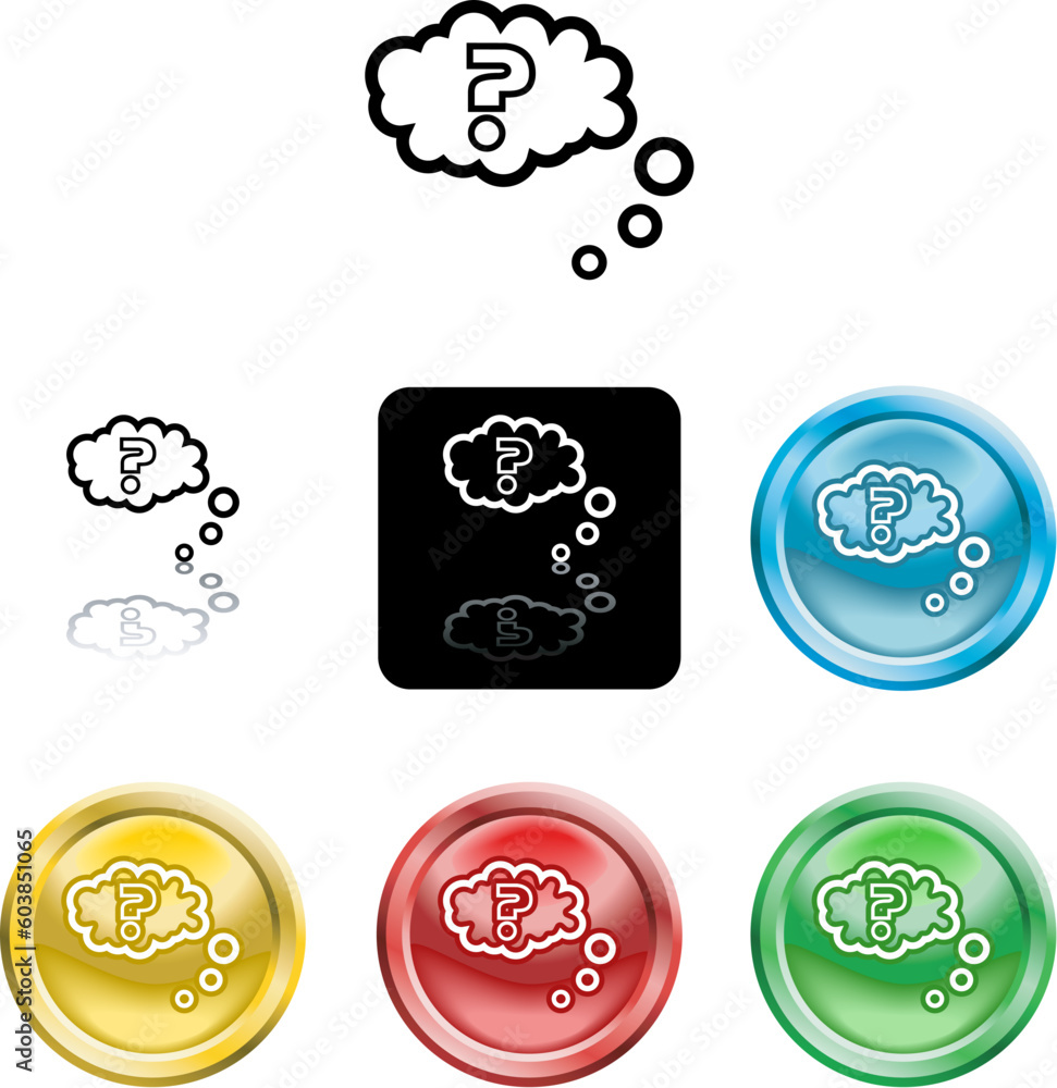 Poster several versions of an icon symbol of a stylised question mark in thought bubble