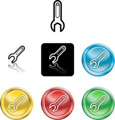 Several versions of an icon symbol of a stylised spanner