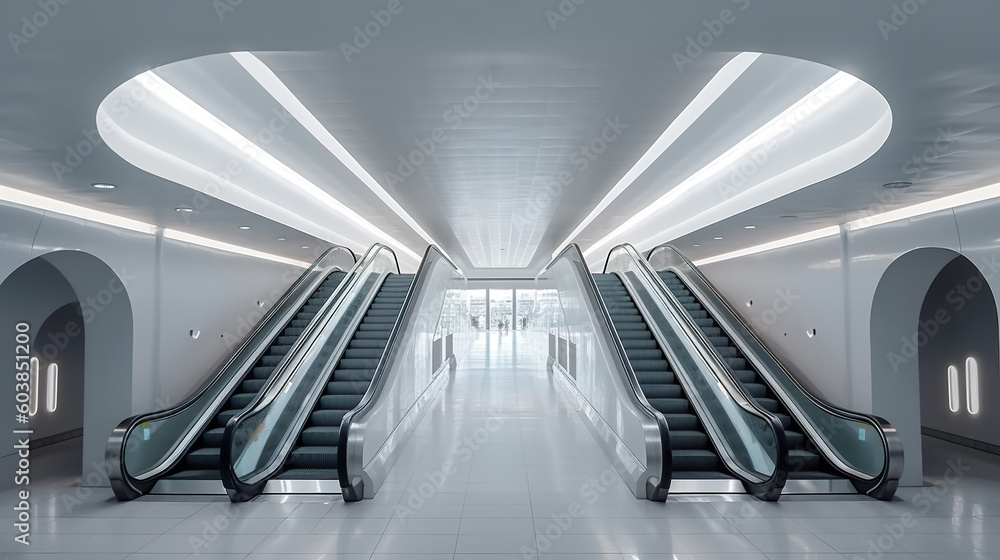 Poster two escalators in an empty subway station. generative ai.