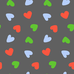 Abstract seamless pattern with hand drawn hearts shapes in trendy shades on a gray backdrop. Vector