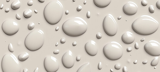 Water drops on white background, top view. Rain droplets on a beige surface with a light shine