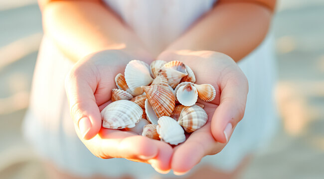 Sea shells in hands. vacation concept. Beach lifestyle
