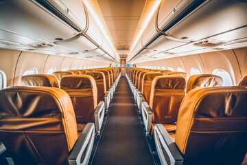 Fototapeta premium Inside view on passenger and cabin crew people on an airplane. Aircraft isle without people sitting, ready to begin boarding. Generative AI