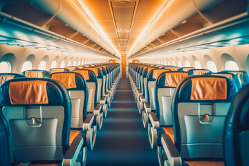 Inside view on passenger and cabin crew people on an airplane. Aircraft isle without people sitting, ready to begin boarding. Generative AI