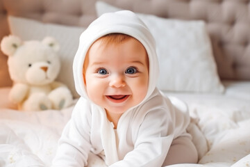 Adorable baby in white outfit in the nursery. Cute baby sitting in nursery. Generative AI